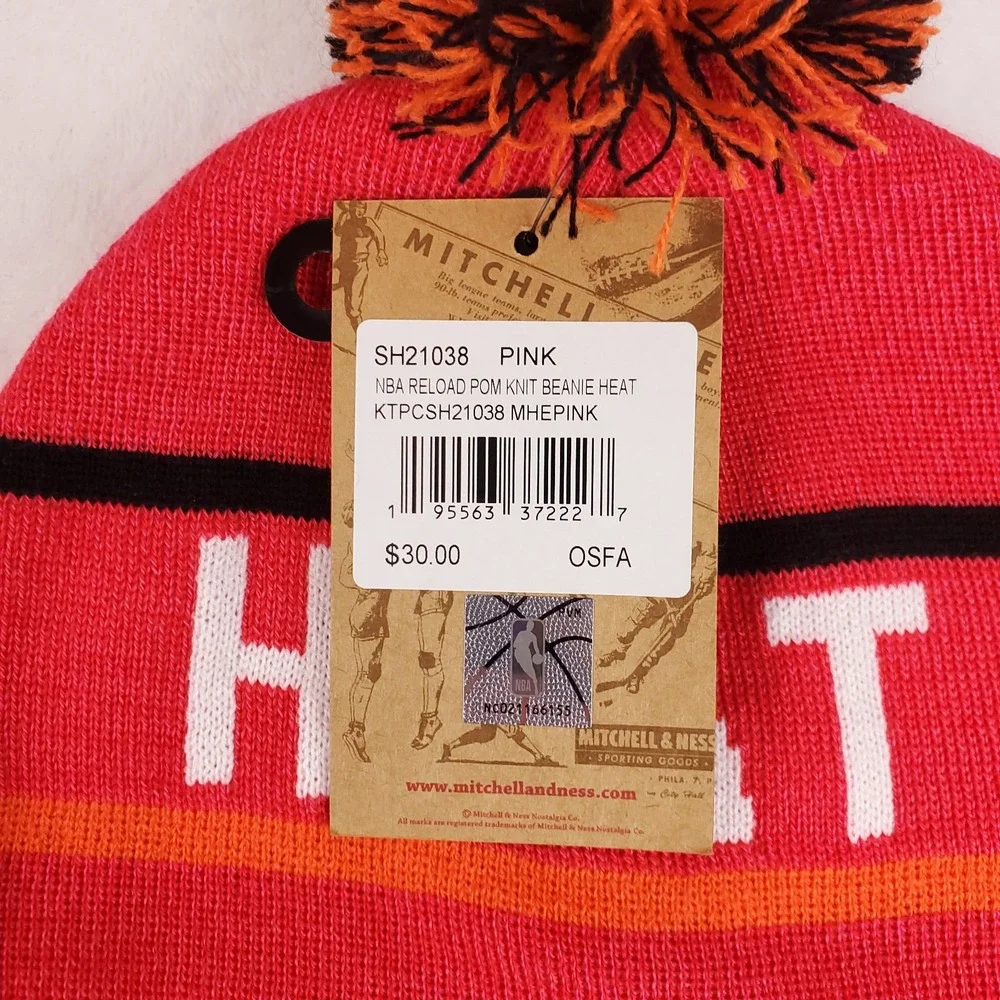 Miami Heat Mitchell & Ness NBA Cuff‎ Knit Beanie Pom Hat Cap Bright Red NWT